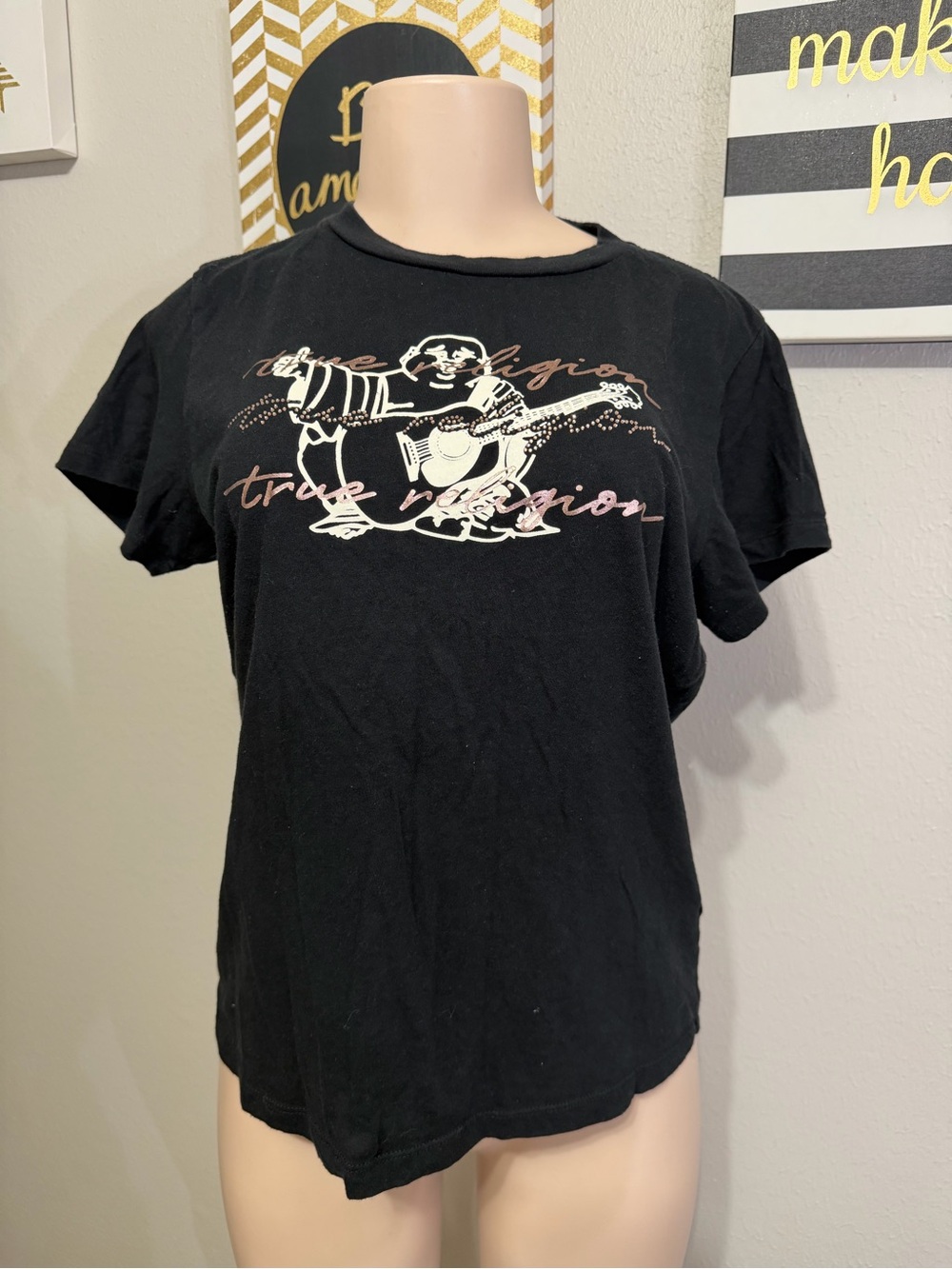 True Religion Black Graphic Tee with Guitar Motif
